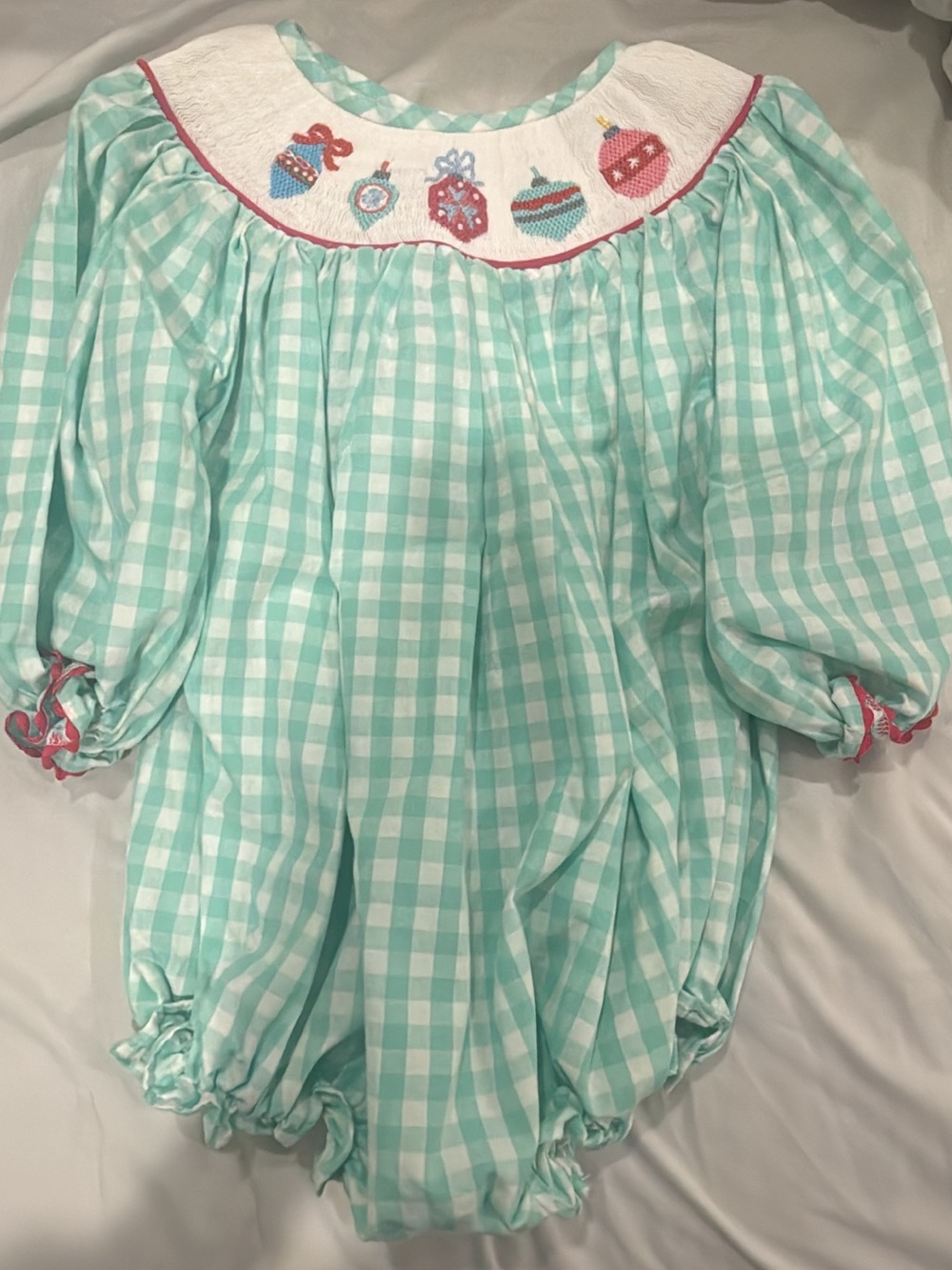 Girls' Mint Gingham Smocked Bubble Pajama with Ornament Embroidery